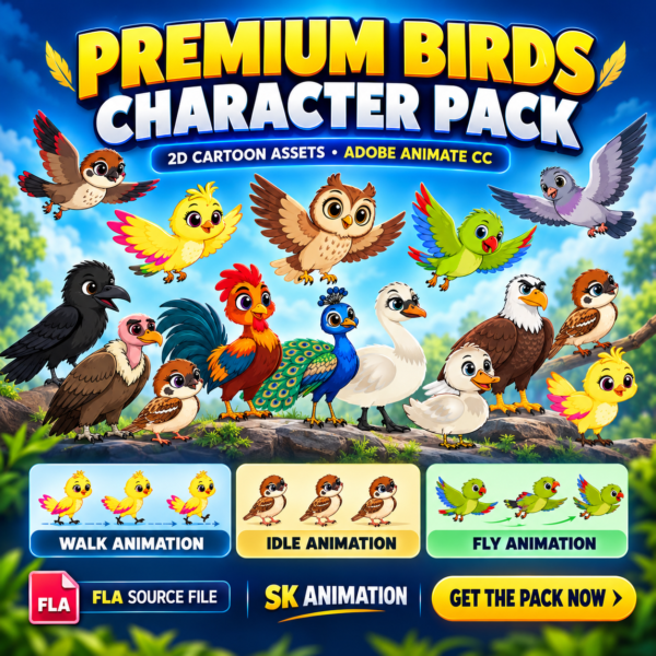 16 Premium Bird Characters Pack for Adobe Animate CC – Walk, Idle & Fly Animation (FLA Files)
